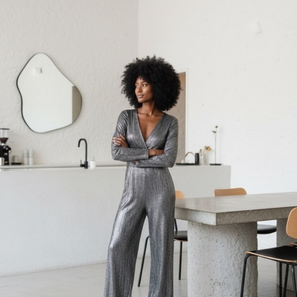 Anthropology Uptown Jumpsuit Elegant Silver Jumpsuit